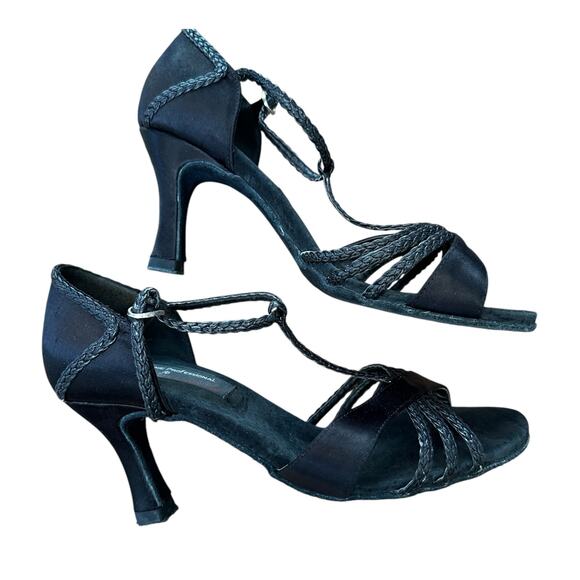 Stephanie Professional Ballroom dancing shoes 3" heel black suede satin 7 - Picture 3 of 13